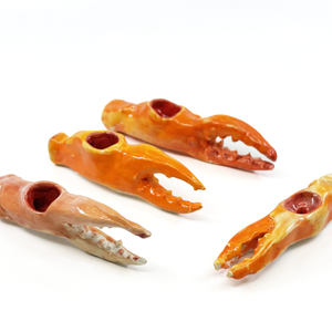 Four ceramic crab claws on a white background